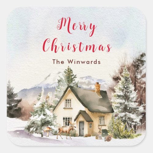 Winter Holiday Cottage Merry Christmas Square Sticker