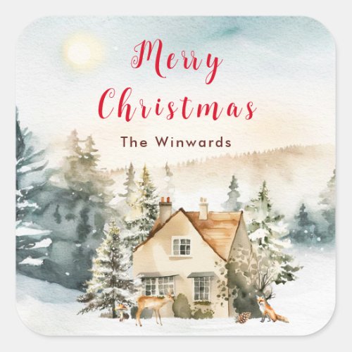 Winter Holiday Cottage Merry Christmas Square Sticker