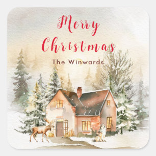 Winter Holiday Cottage Merry Christmas Square Sticker