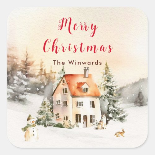 Winter Holiday Cottage Merry Christmas Square Sticker