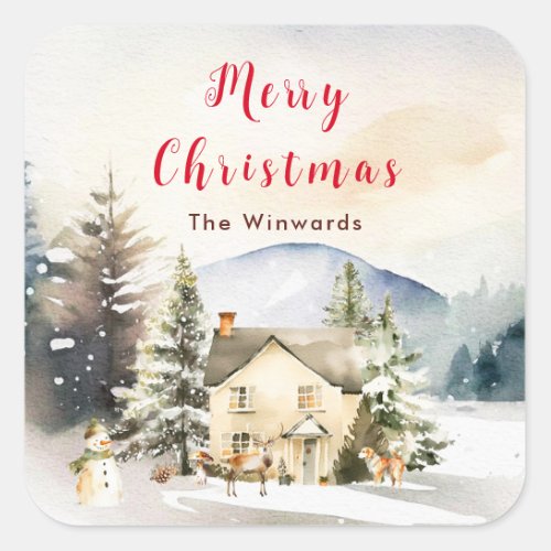 Winter Holiday Cottage Merry Christmas Square Sticker