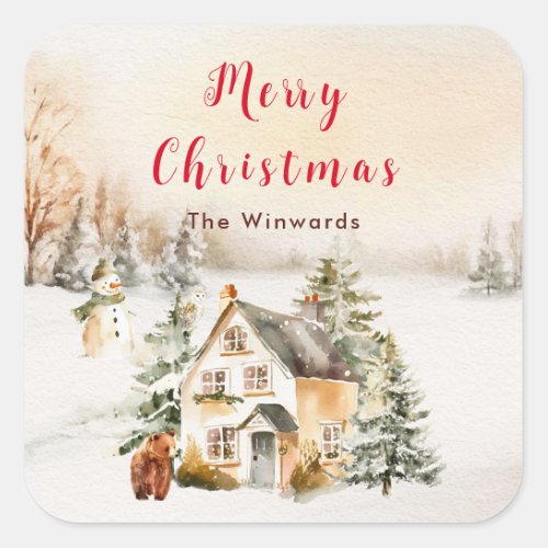 Winter Holiday Cottage Merry Christmas Square Sticker