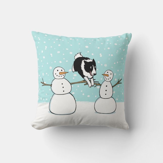 Winter Holiday Cute Border Collie Dog with Snowmen Throw Pillow (Front)