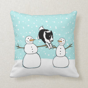 Winter Holiday Cute Border Collie Dog with Snowmen Throw Pillow