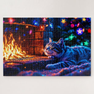 Winter holiday cute cat Christmas lights  Jigsaw Puzzle