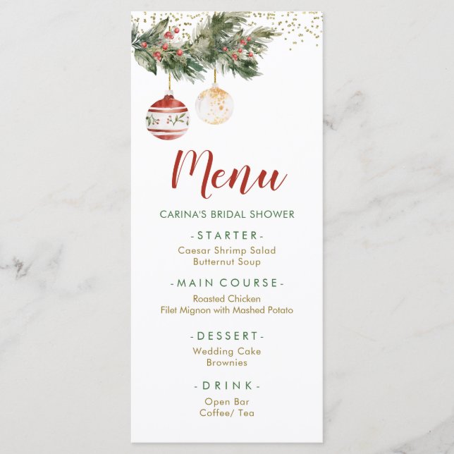 Winter Holiday Deck the Halls Bridal Shower Menu (Front)