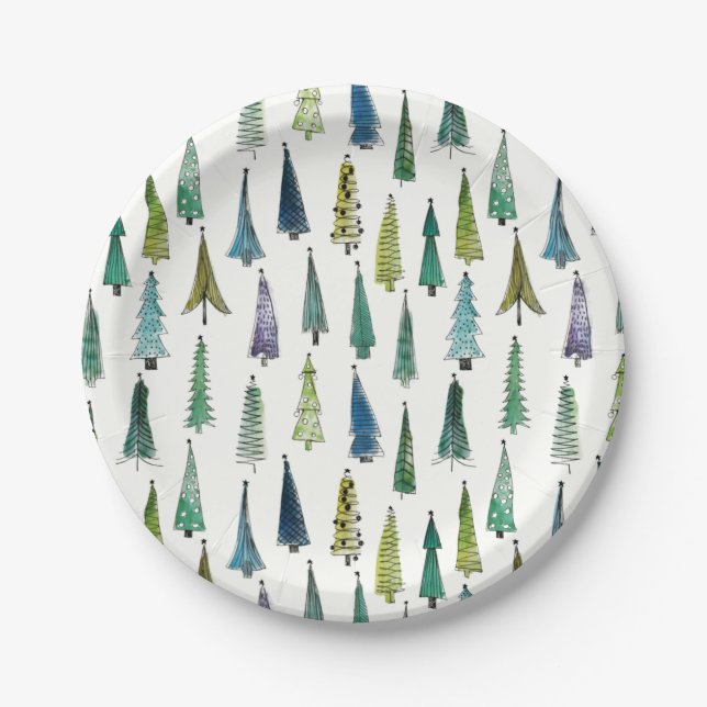 Winter Holiday Evergreen Trees Paper Plates (Front)