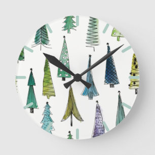 Winter Holiday Evergreen Trees Round Clock