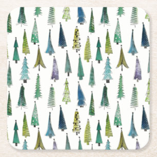 Winter Holiday Evergreen Trees Square Paper Coaster