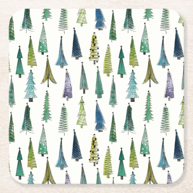 Winter Holiday Evergreen Trees Square Paper Coaster (Front)