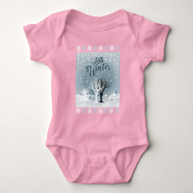 Winter Holiday Fairy Tale Fantasy Snowy Forest Baby Bodysuit (Front)