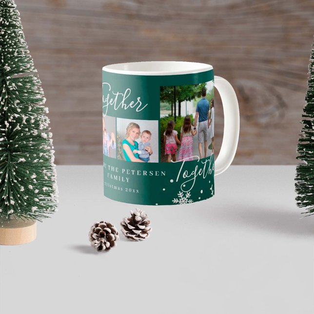 Winter holiday family 4 photo collage snowflakes coffee mug (Creator Uploaded)