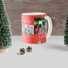 Winter holiday family 4 photo collage snowflakes coffee mug