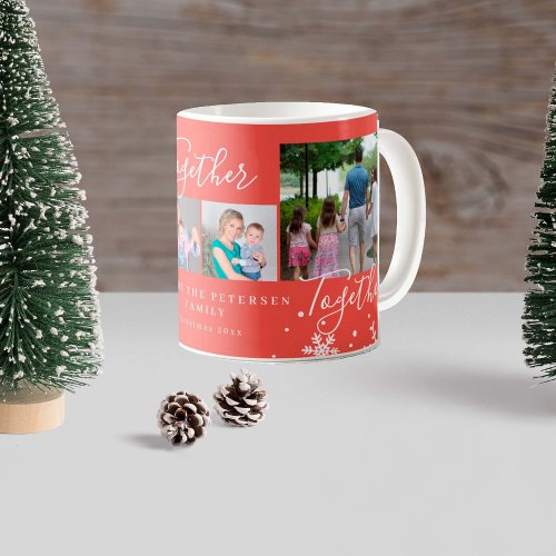 Winter holiday family 4 photo collage snowflakes coffee mug