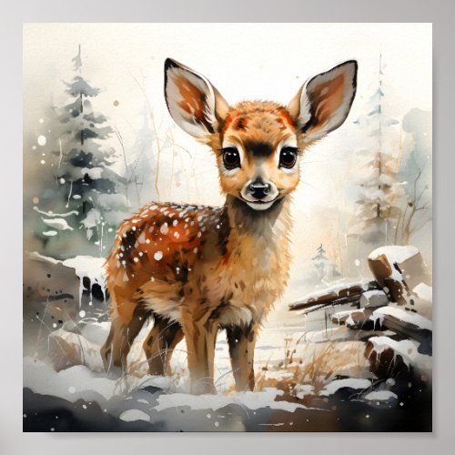 Winter Holiday Forest Scene Cute Baby Dear  Poster
