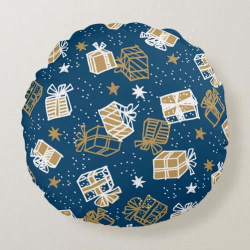 Winter Holiday Gift Boxes Pattern Round Pillow