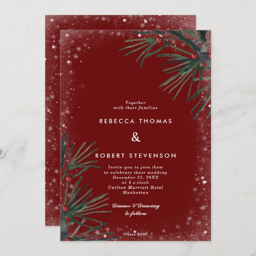 winter holiday glitter pine berry wedding invitation