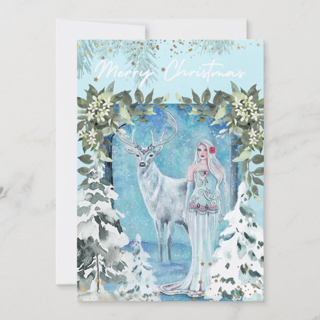 Winter Holiday goddess with deer card by Renee (Front)