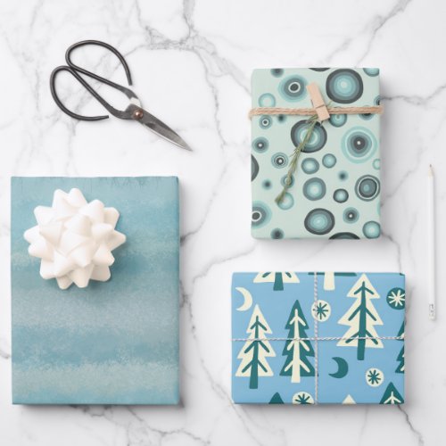 Winter Holiday Green Blue Patterns Variety Pack Wrapping Paper Sheets