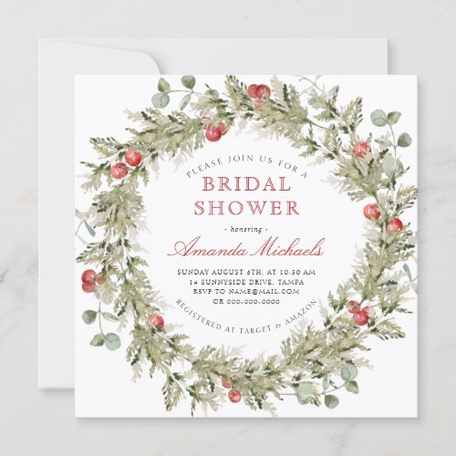 Winter Holiday Greenery Pine Bridal Shower Invitation