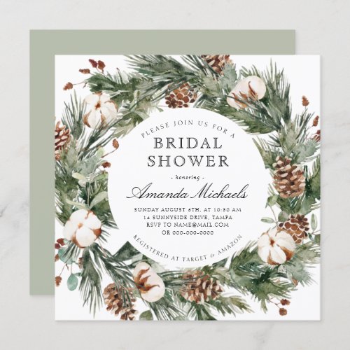 Winter Holiday Greenery Pine Cotton Bridal Shower Invitation