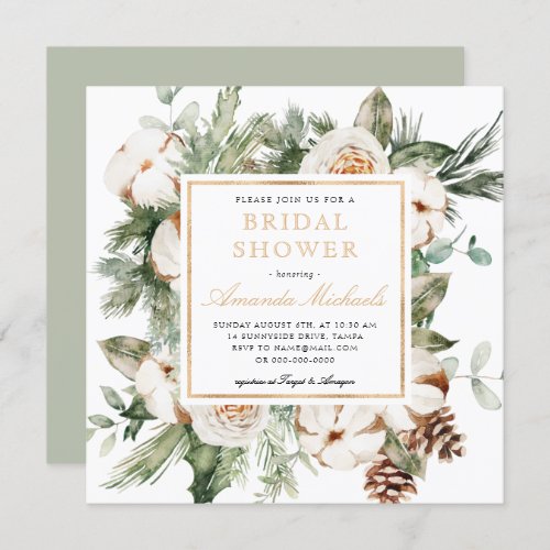 Winter Holiday Greenery Pine Gold Bridal Shower Invitation