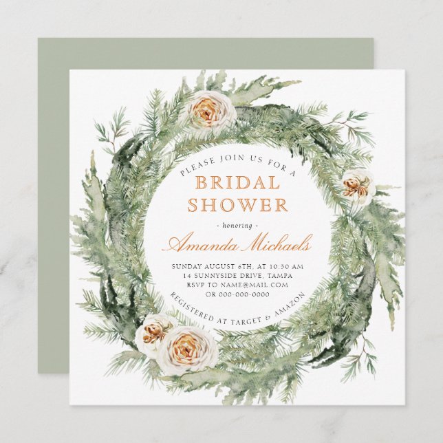 Winter Holiday Greenery Pine Rose Bridal Shower Invitation (Front/Back)