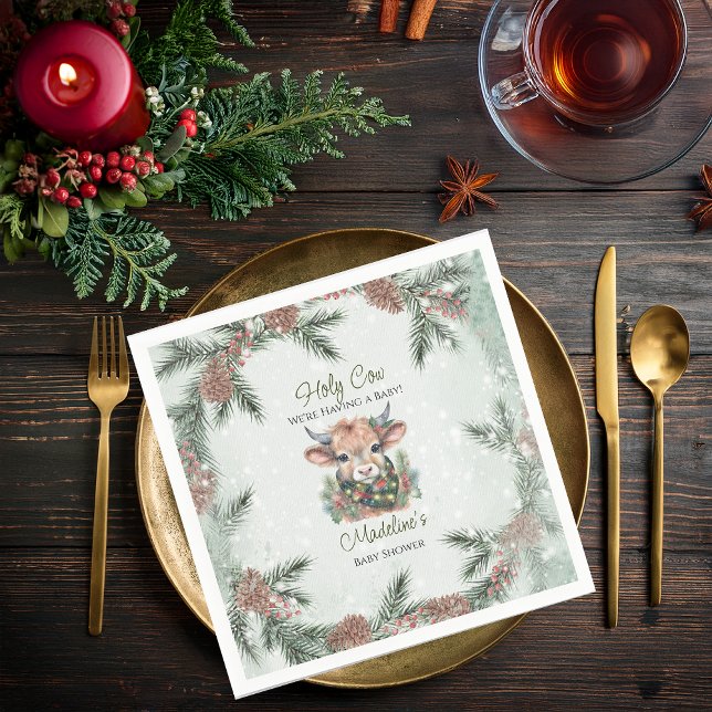 Winter Holiday Highland Holy Cow Baby Shower Napkins (Winter Holiday Highland "Holy Cow" Evergreen Baby Shower Paper Napkins)
