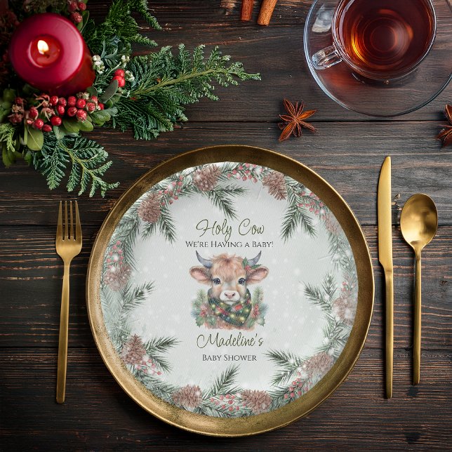 Winter Holiday Highland Holy Cow Baby Shower Paper Plates (Winter Holiday Highland "Holy Cow" Evergreen Baby Shower Paper Plates)
