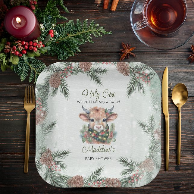 Winter Holiday Highland Holy Cow Baby Shower Paper Plates (Winter Holiday Highland "Holy Cow" Evergreen Baby Shower Square Paper Plates)