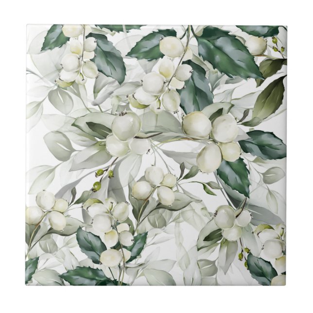 Winter holiday holly branches green pattern  ceramic tile (Front)