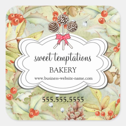 Winter Holiday Holly Cake Pops Bakery Packaging Square Sticker