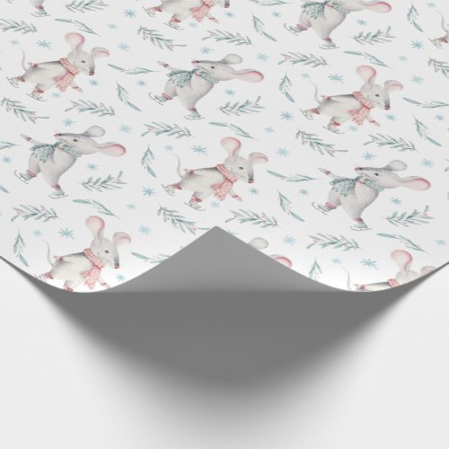 Winter Holiday Ice Skating Mice Pattern Wrapping Paper