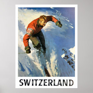 Winter holiday in Switzerland, skiing man, vintage Poster