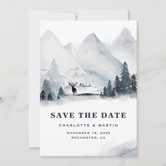Winter Holiday Mountain Buck Wedding Save The Date (Front)