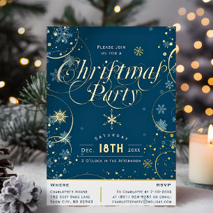 Winter Holiday Navy Blue Snowflake Christmas Party Foil Invitation