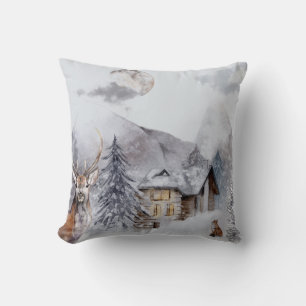 Winter Holiday Night Landscape Watercolor Throw Pillow