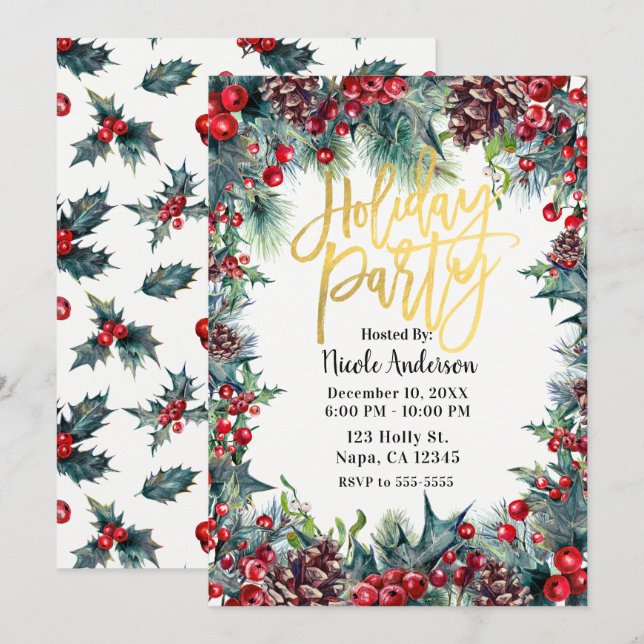 Winter Holiday Party Christmas Holly & Pine Cones Invitation (Front/Back)