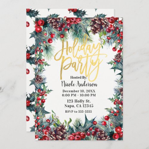 Winter Holiday Party Christmas Holly  Pine Cones Invitation