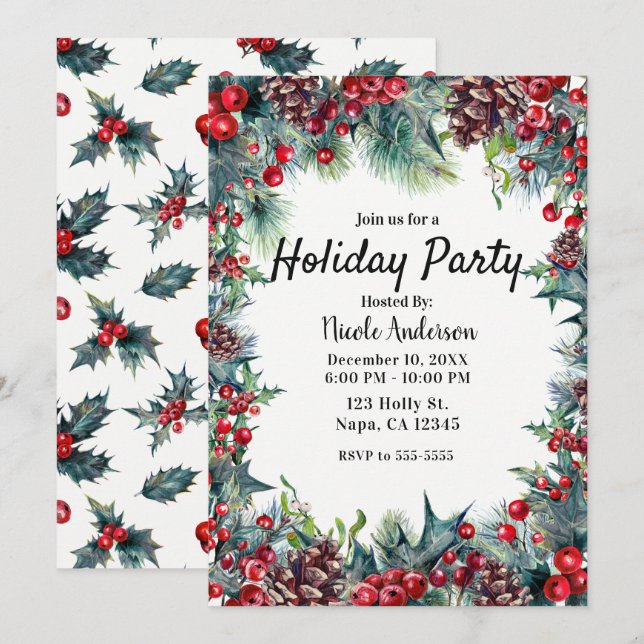 Winter Holiday Party Christmas Holly & Pine Cones Invitation (Front/Back)