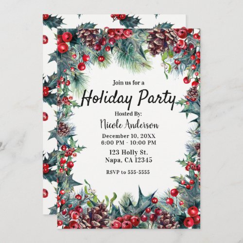 Winter Holiday Party Christmas Holly  Pine Cones Invitation