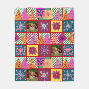 Winter Holiday Patchwork Photo Fleece Blanket