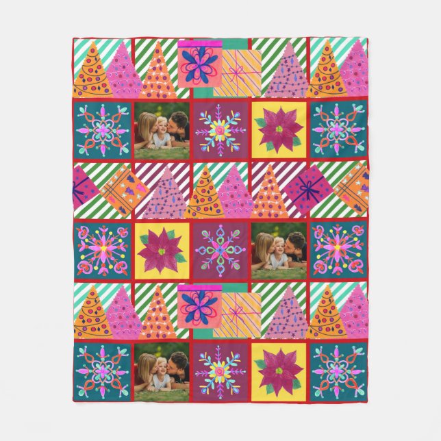 Winter Holiday Patchwork Photo Fleece Blanket (Front)