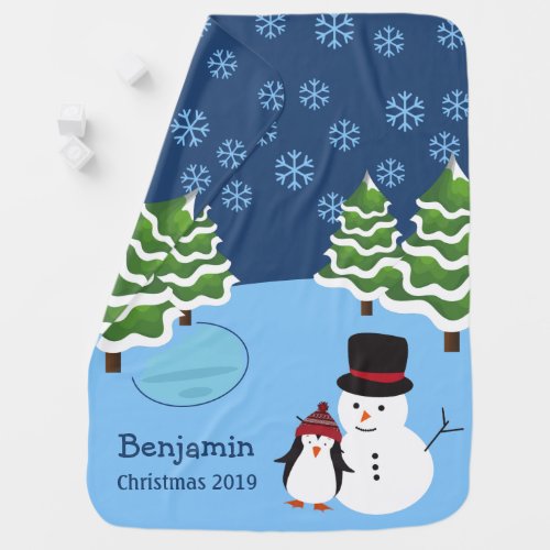 Winter Holiday Penguin and Snowman Christmas Baby Blanket