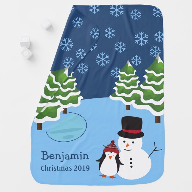 Winter Holiday Penguin and Snowman Christmas Baby Blanket (In Situ)