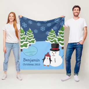 Winter Holiday Penguin and Snowman Christmas Fleece Blanket