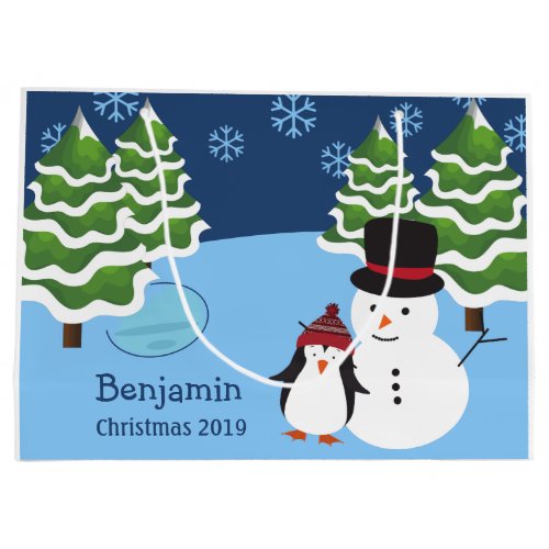 Winter Holiday Penguin and Snowman Christmas Large Gift Bag