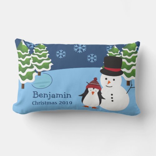 Winter Holiday Penguin and Snowman Christmas Lumbar Pillow