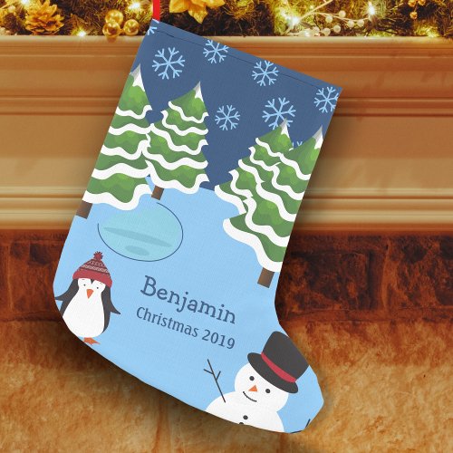 Winter Holiday Penguin and Snowman Christmas Small Christmas Stocking