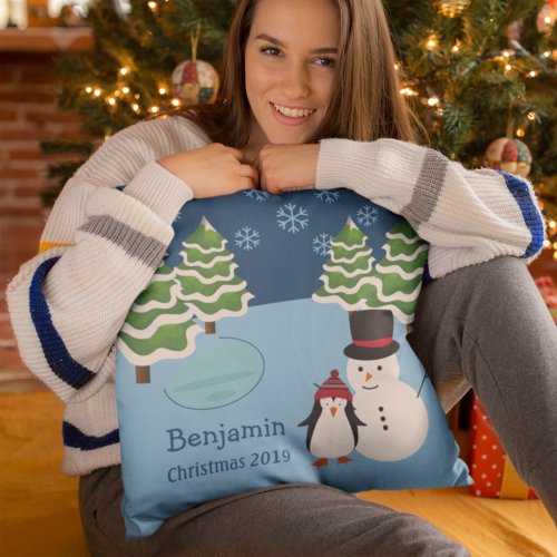 Winter Holiday Penguin and Snowman Christmas Throw Pillow